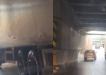 Vídeo: Caminhão fica preso em viaduto do bairro São Jorge