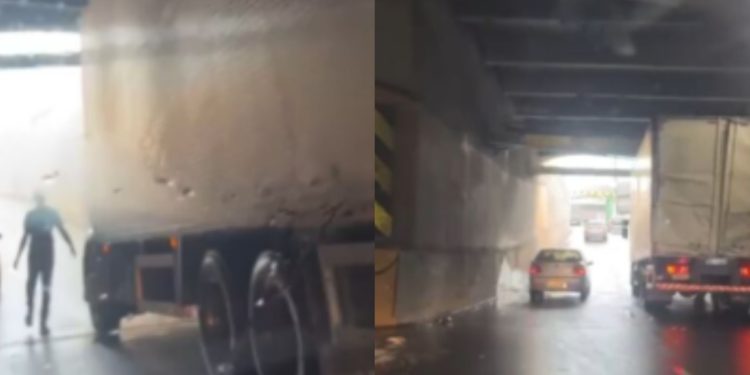 Vídeo: Caminhão fica preso em viaduto do bairro São Jorge