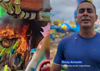 Vídeo: alegoria do Boi Caprichoso é atingida por incêndio