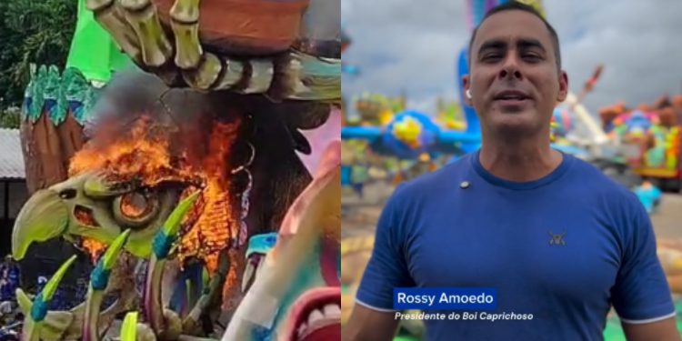 Vídeo: alegoria do Boi Caprichoso é atingida por incêndio