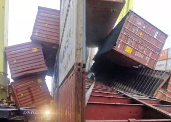 Vídeos: Contêineres desabam em carreta no Porto Chibatão