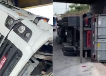 Vídeo: carreta perde controle e tomba na avenida Max Teixeira, na zona Norte de Manaus