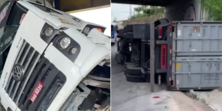 Vídeo: carreta perde controle e tomba na avenida Max Teixeira, na zona Norte de Manaus