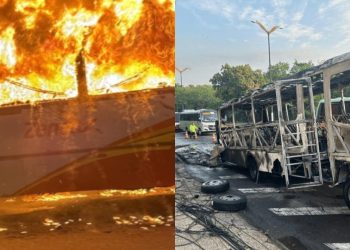 Vídeos: Micro-ônibus é destruído por chamas após pane mecânica na avenida Rodrigo Otávio