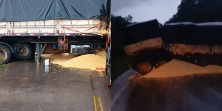 Caminhão com milho paralisa BR-174 após tombar na rodovia