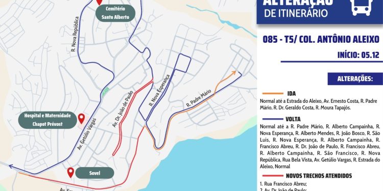 Prefeitura de Manaus altera itinerário da linha 085 e passa a atender novas vias no Colônia Antônio Aleixo A Prefeitura de Manaus, por meio do Instituto Municipal de Mobilidade Urbana (IMMU), fará mudanças no itinerário da linha 085 – T5/Colônia Antônio Aleixo, zona Leste, que passam a valer a partir desta sexta-feira, 5/12. As alterações foram definidas para aprimorar a circulação dos ônibus na zona Leste e ampliar a cobertura do transporte público em áreas de grande demanda. No sentido Centro, o coletivo seguirá normalmente até a estrada do Aleixo, passando a atender a avenida Ernesto Costa, a rua Padre Mário, a rua doutor Geraldo Costa e a rua Moura Tapajós. Já no retorno, o trajeto será estendido para contemplar novas vias do bairro, entre elas as ruas Alberto Campainha, Nova Esperança, Alberto Mendes, João Bosco, São Luís, Francisco Abreu, doutor João de Paulo, São Francisco e Nova República, além da rua Bela Vista e da avenida Getúlio Vargas, antes de retornar à estrada do Aleixo. Com a readequação, três novos trechos passam a ser oficialmente atendidos pela linha 085: rua Francisco Abreu, avenida doutor João de Paulo e avenida Ernesto Costa. Entre os pontos beneficiados estão o cemitério Santo Alberto, o Hospital e Maternidade Chapot Prévost e a área do Sovel, ampliando o acesso dos moradores aos serviços essenciais. A readequação é resultado do diálogo com os moradores e da análise técnica das necessidades de deslocamento na região. O órgão afirma que continuará monitorando o desempenho da linha para futuros ajustes, reforçando o compromisso de melhorar a mobilidade e atender as demandas apresentadas pelas comunidades.