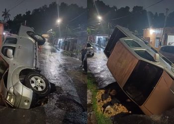 Vídeos: carro despenca em cratera no bairro Riacho Doce durante forte chuva