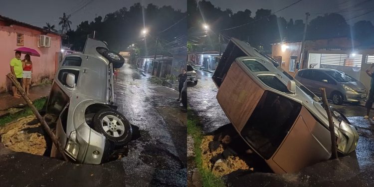Vídeos: carro despenca em cratera no bairro Riacho Doce durante forte chuva