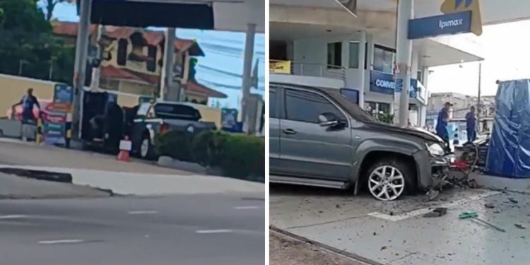 Motorista de picape perde o controle e invade posto de combustíveis