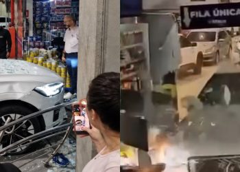 Vídeos: carro invade drogaria em estacionamento de supermercado no bairro Ponta Negra