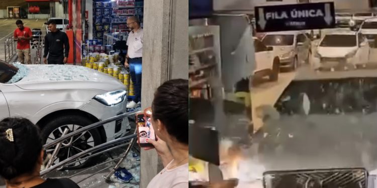 Vídeos: carro invade drogaria em estacionamento de supermercado no bairro Ponta Negra