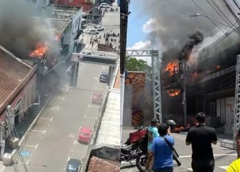 Vídeos: incêndio destrói prédio do antigo Banco da Amazônia no Centro de Manaus